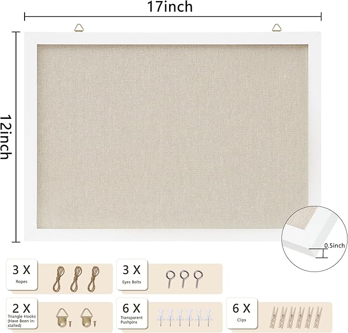 DAHAPYBOO Cork Board with Linen White, Bulletin Board 17"x12" Hanging Corkboards