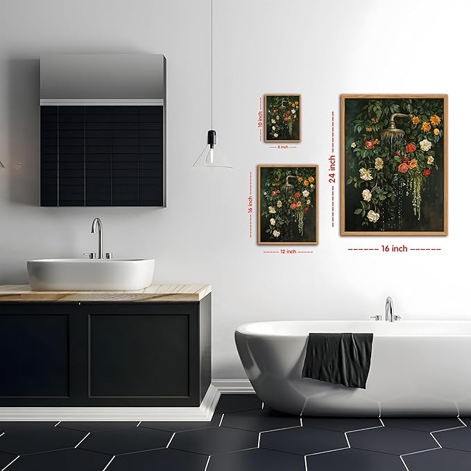Floating Framed Floral Shower Wall Art, Vintage Botanical Flower Canvas Print