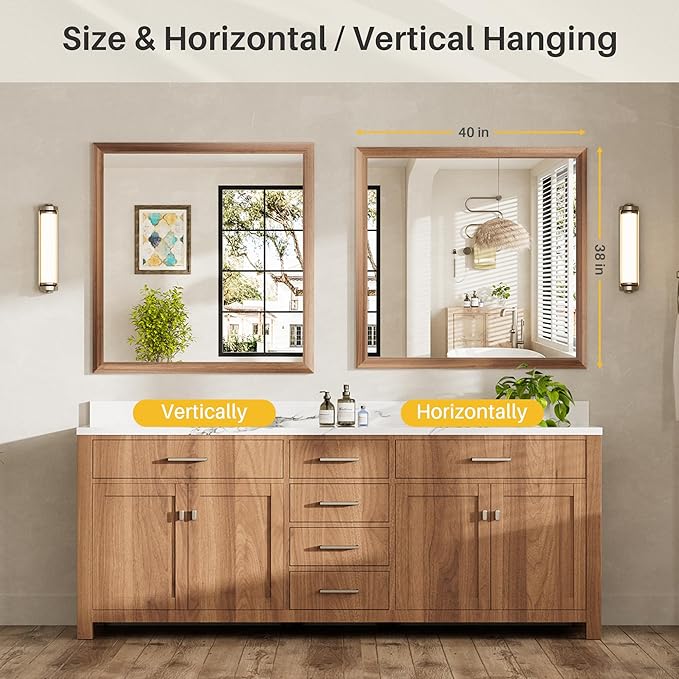 40x38 Inch Bathroom Mirror for Wall, Anti-Rust Walnut Wood Grain Metal Framed