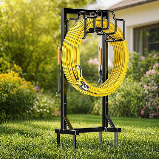 Skycarper Garden Hose Reel Holder Detachable Metal Water Hose Hanger Organizer Heavy Duty Free Standing Hose Stand (Deep Black)