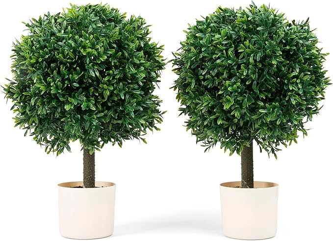 Premium 16" Diameter Artificial Japanese Boxwood Topiary â Set of 2 Faux Plants in Beige Decorative Planters â Realistic, UV-Resistant, Weatherproof Outdoor & Indoor DÃ©cor