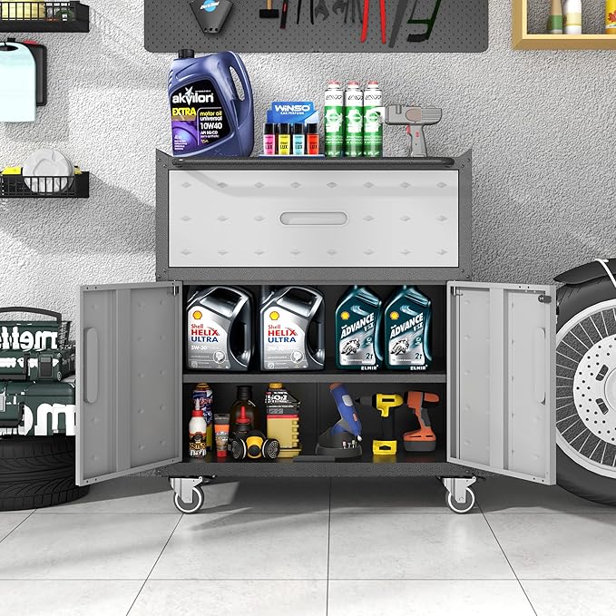 Metal Storage Cabinet with Wheels, Rolling Tool Cabinet with Adjustable Shelve