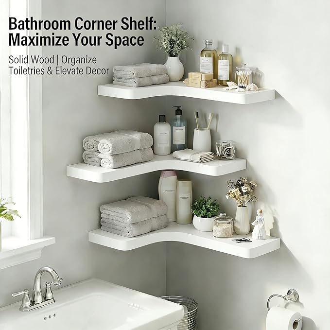 16 Inch Solid Wood Floating Corner Shelves 3 Pack