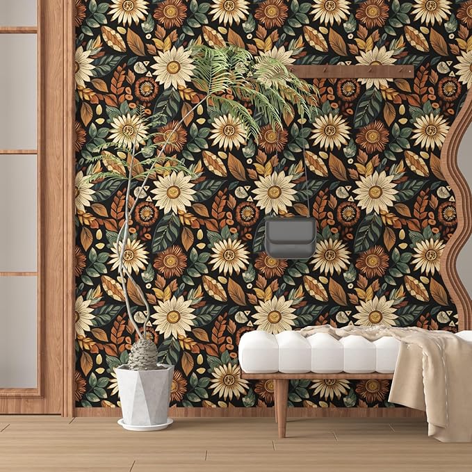 Vintage Boho Wallpaper Peel and Stick, Retro Flower Botanical Wall Paper Self
