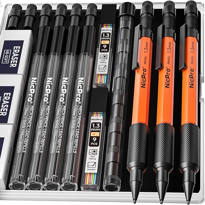 Nicpro 3 PCS 1.3 mm Orange Mechanical Pencils Set with 66 Lead Refill, 3 Eraser - Weatherproof Metal Barrel, Heavy Duty Carpenter Pencil MP2000 for Outdoor Marking Drafting Drawing Woodworking