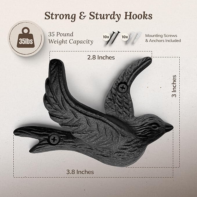 Flying Bird Cast Iron Hooks Non Rusting Interior or Exterior Decorative Wall
