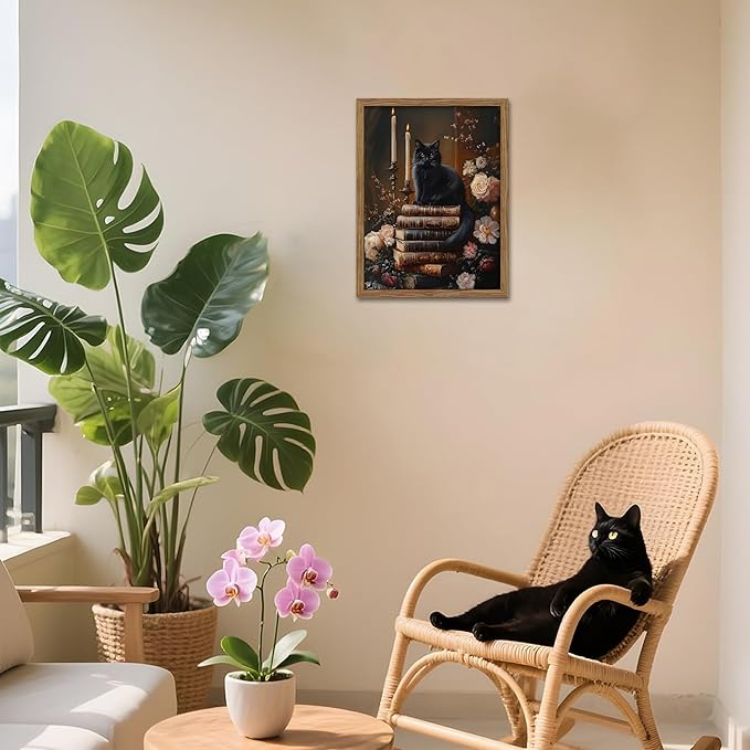 Vintage Dark Academia Framed Wall Art, Victorian Black Cat Floral Canvas Prints
