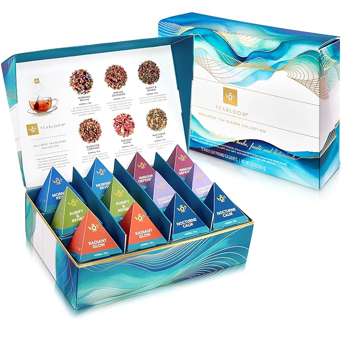 Teabloom Wellness Tea Collection – Fruit & Herbal Assortment with 12 Plant-Based Pyramid Sachets, Organic Ingredients, Elegant Presentation Box, Thoughtful Gift for Tea Lovers