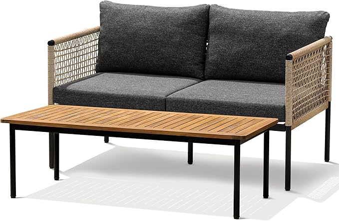 Idzo Oscar Wicker Metal Loveseat with Coffee Table â Black, 2-Seater Outdoor Sofa Set for Small Patios, Balcony or Garden, Heavy-Duty Love Seat Couches for Relaxing and Entertaining