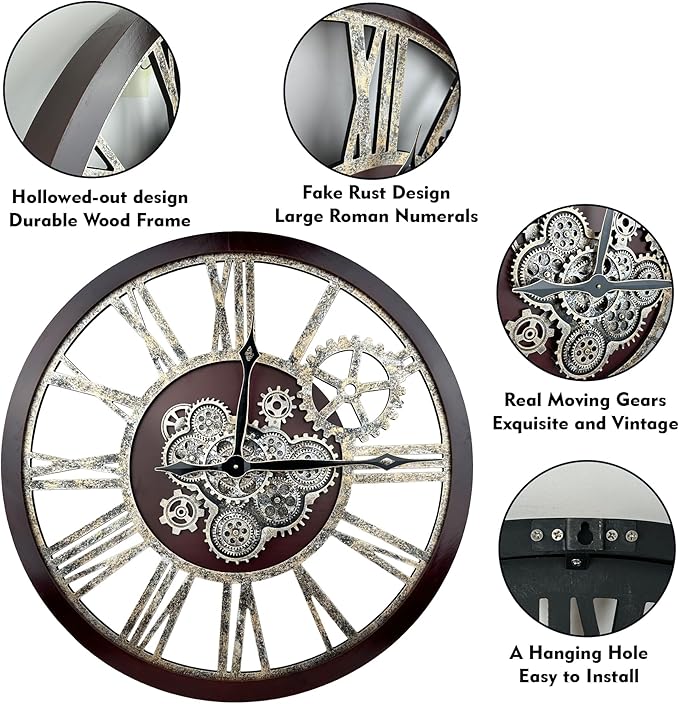 The B-Style Large Real Moving Gears Wall Clock 30 inch Rustic Retro Industrial