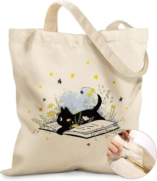 Miss Adola Canvas Tote Bag for Women â Aesthetic Canvas Bag with Zipper Cute Stylish Reusable Shoulder Totes for Shopping Work Daily Vacation, Cat Read