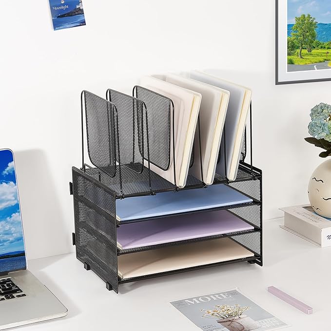 LEKETREE Desk Organizers and Accessories, 3-Tier Paper Organizer with 5 Vertical File Holders, File Folder Organizer (Black, 3T)