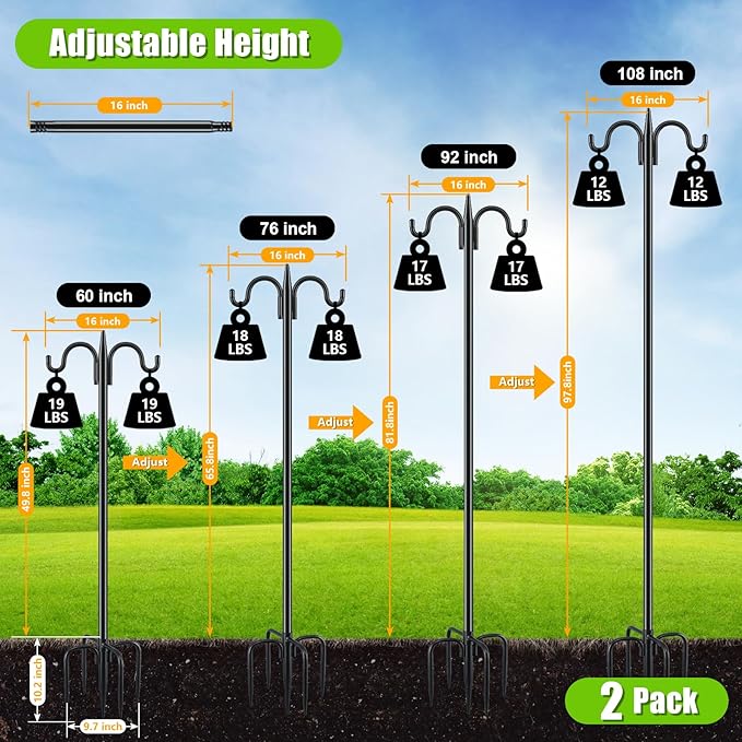 Gtongoko Bird Feeder Pole for Outdoors Heavy Duty, 2 Pack 92 Inch Double Shepherds Hook with 5-Prong Stable Base, 3/4 Inch Thick Hummingbird Feeder Stand for Hanging Plants, Lanterns