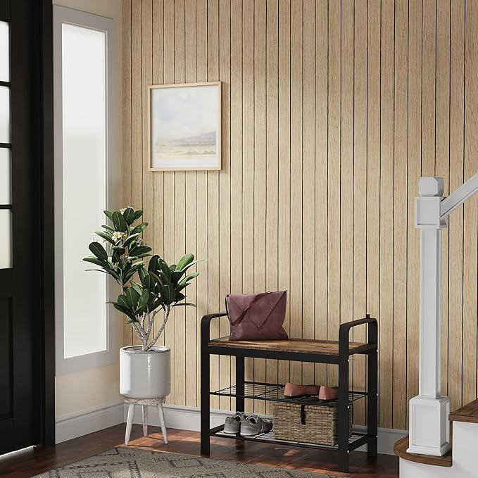 VEELIKE Light Oak Wood Wall Panels Peel and Stick Foam Slat Wallpaper