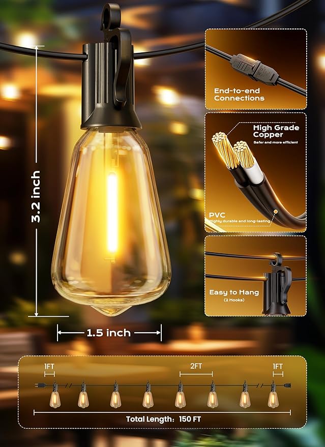 Brightown Outdoor String Lights, 150FT 75+2 LED ST38 LED Patio Lights Shatterproof, Dimmable IP65 Waterproof Connectable Hanging Outdoor Light for Backyard, Porch, Deck, Balcony