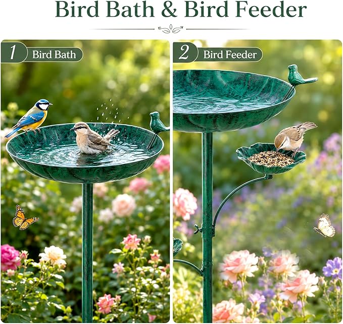 HUFAND Triple Bowl Bird Bath for Outside, 3-in-1 Bird Bath & Feeder with 4-Claw Ground Stake, 51in Height, 11.8in Large Top Bowl, Outdoor Birdbath for Garden Patio Yard Decor, Copper-Green