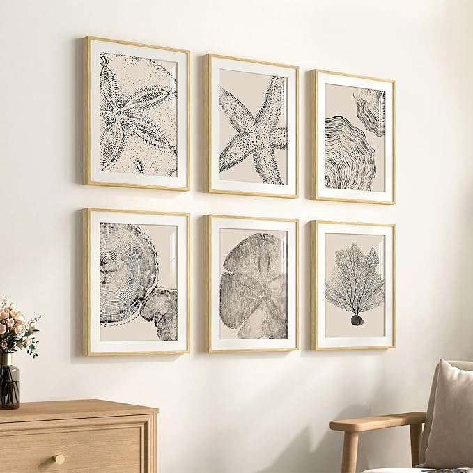 Framed Coastal Wall Art for Living Room, 6 Piece Neutral Black Beige Modern