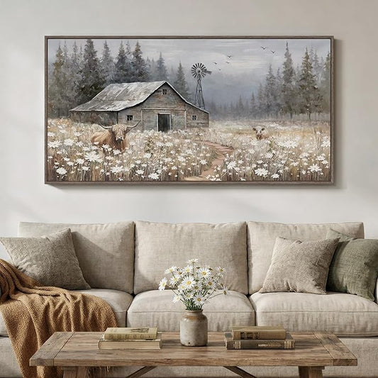Large Framed Farmhouse Wall Art for Living Room, Vintage Rustic Landscape Horizontal Canvas Print, Retro Country Highland Cow Barn Wall Decor for Bedroom Dining Room Hallway 30x60 Inch