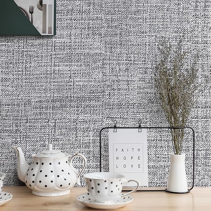 Grey Grasscloth Peel and Stick Wallpaper 17.3"x160" Faux Linen Textured Contact