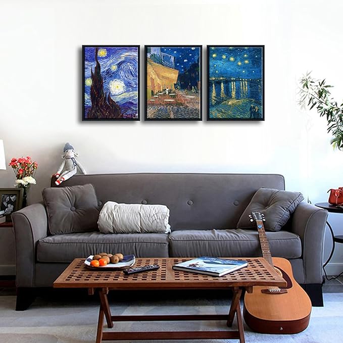 Wieco Art Framed 3 Panels Canvas Prints of Vincent Van Gogh Paintings