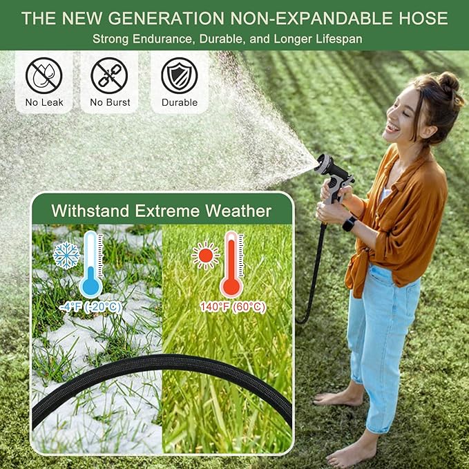 Garden Hose Non-Expandable 75 ft, Lightweight Flexible Water Hose with 10 Function Spray Nozzle, Outdoor Leak Proof, Kink-Free, Portable Hose for Yard, Lawn, Camper, High-Density Fabric, Black Grey
