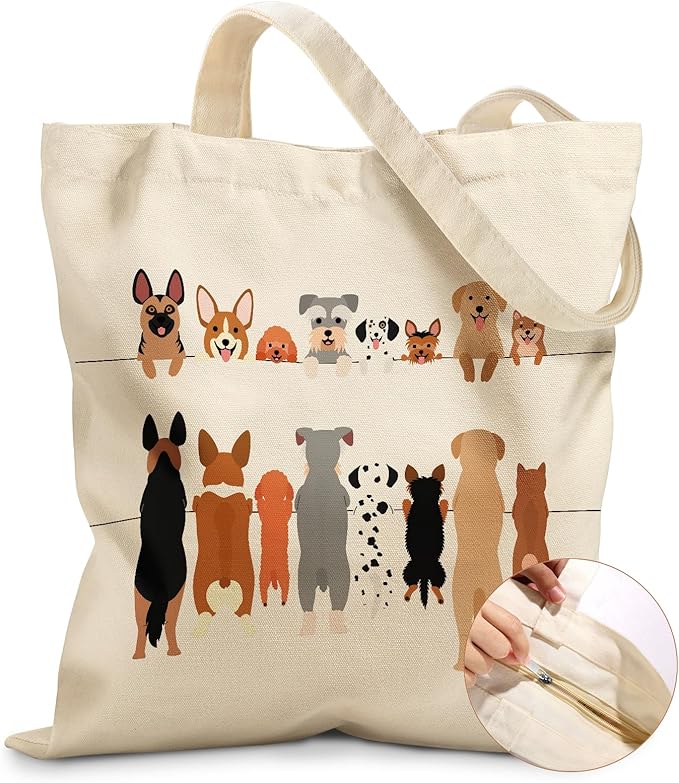Miss Adola Canvas Tote Bag for Women â Aesthetic Canvas Bag with Zipper Cute Stylish Reusable Shoulder Totes for Shopping Work Daily Vacation, Multi Puppies