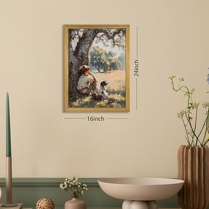 Wood Framed Canvas Wall Art, Vintage Boy and Dog Painting Poster, Countryside