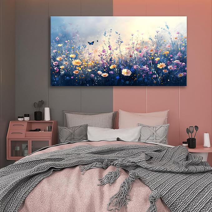 JLXART Canvas Wall Art Colorful Wildflower With Butterflies Wall Decor Purple and Yellow Poppy Floral Artwork Flowers Prints Paintings for Living Room Home Decorations,30x58inch