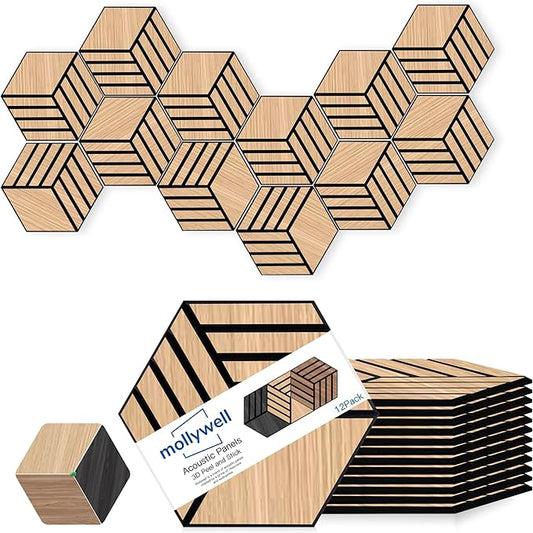 Mollywell Acoustic Panels, PVC Wood-Grain, 14x12 Inch Hexagon Carved Sound