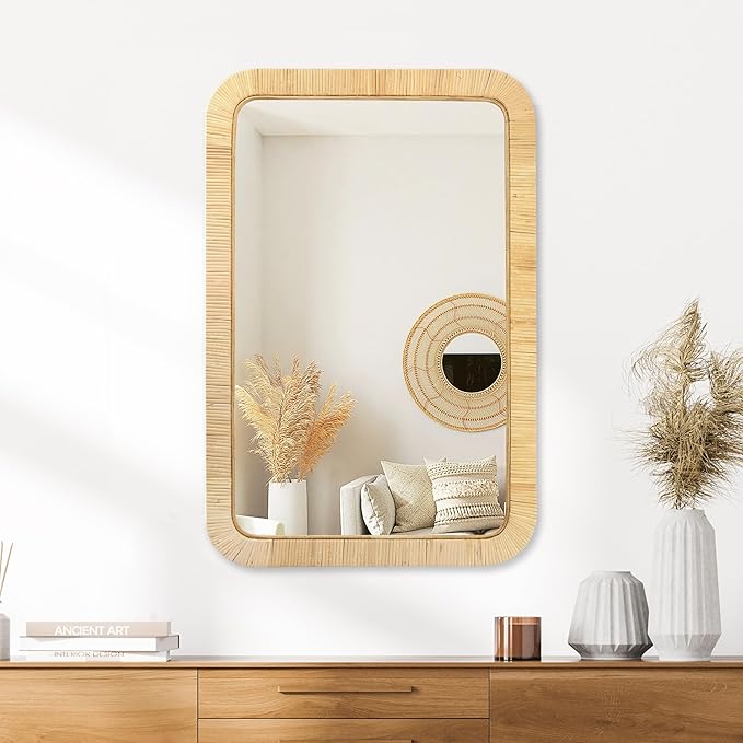PERFNIQUE Rattan Mirror, Decorative Wall Nursery Decor, Rustic Farmhouse