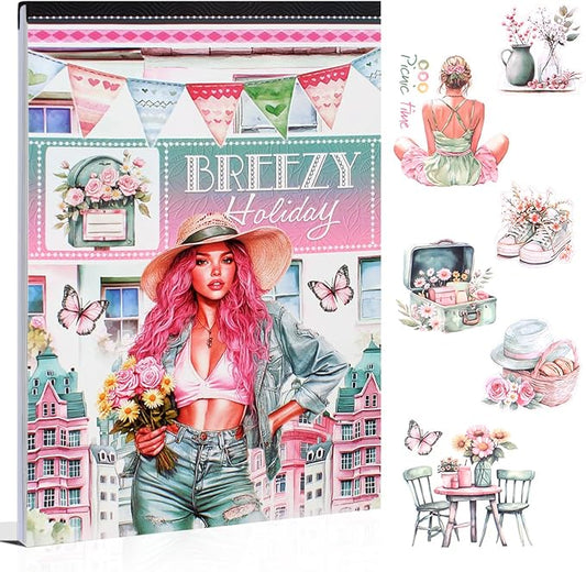 Dwpetzo Breezy Holiday Scenery Pre-Cut Journal Sticker Book for Women Journaling, Assorted Materials Paper PET Washi Stickers for Scrapbooking, Junk Journal Supplies, Planner, Collage, Crafts Arts