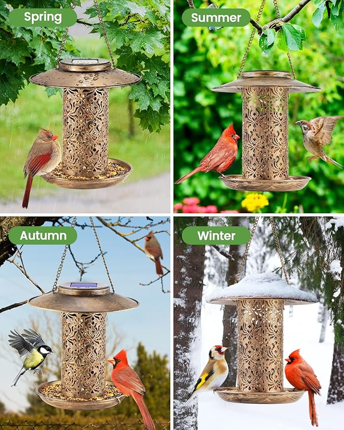 SWEETFULL Solar Bird Feeder for Outdoors Hanging, Metal Wild Bird Feeder for Cardinals Solar Garden Lantern with S Hook as Gift Ideas for Bird Lovers (2LBs Heavy Duty Weather Resistance birdfeeders)
