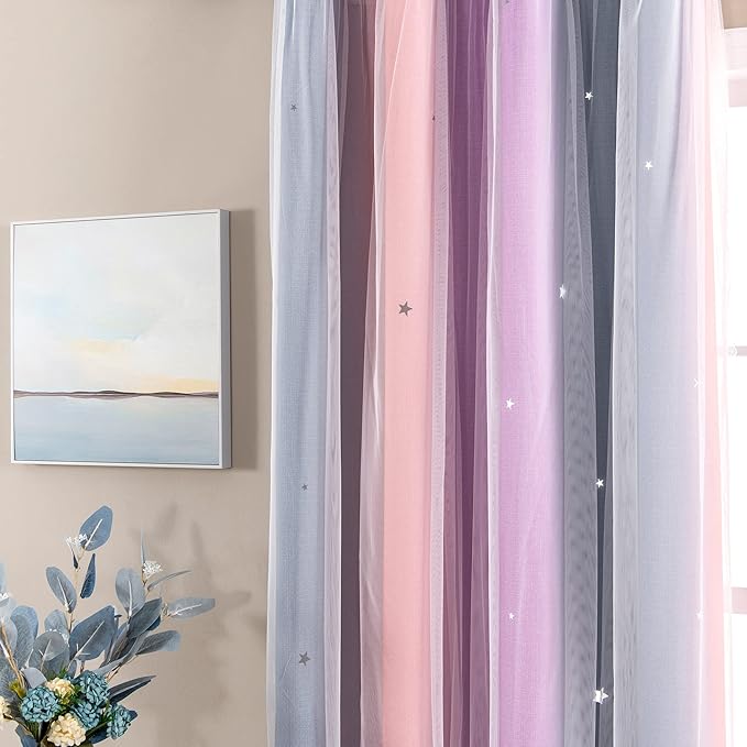 XiDi Curtains for Bedroom Decor, Rainbow GreyPinkPu-34-90