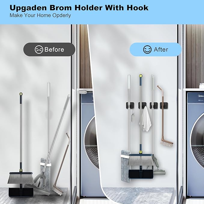 2 Pack Broom Holder Wall Mount, 304 Stainless Steel Mop Organizer with Hooks, No Drill Adhesive and Screw Installation, Rust Proof Storage Rack for Garage, Laundry, Garden, Black