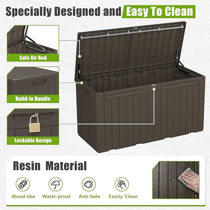 Flamaker Resin Deck Box 100 Gallon Large Lockable Outdoor Storage Box Waterproof Deck Chest for Patio Cushions, Garden Tools, Accessories (Deep Brown)