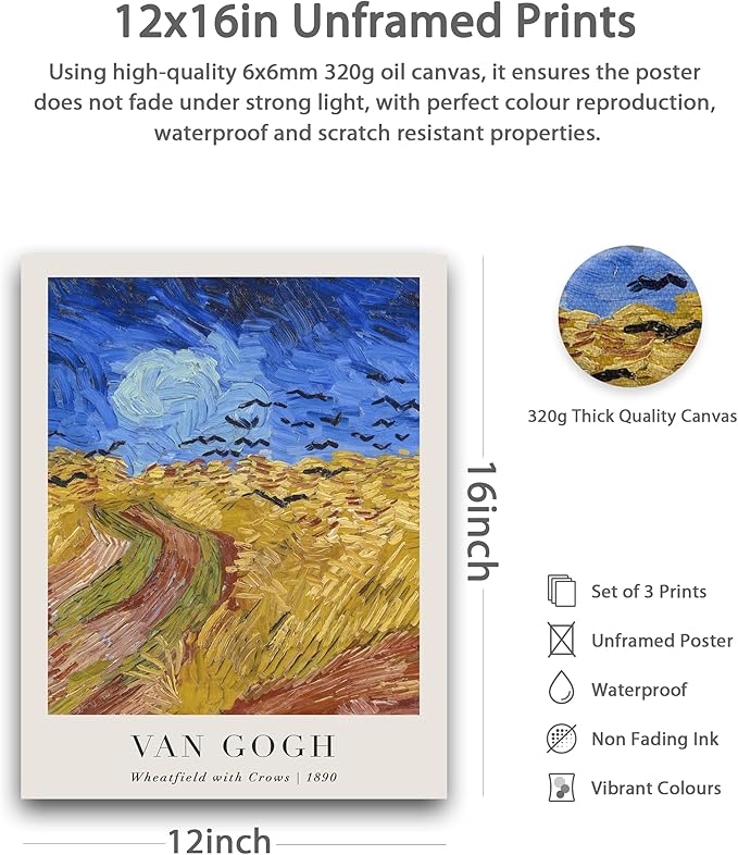HesenDot Unframed Vincent Van Gogh Wall Art Prints Set of 3, 12x16in Classic