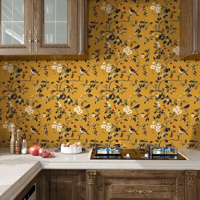 Laatse Vintage Bird Wallpaper 17.5"x118" Yellow Chinoiserie Floral Wallpaper