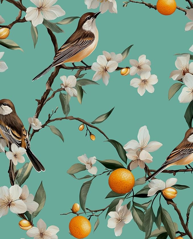 Teal White Bird Floral Wallpaper Peel and Stick, Fresh Orange Tree Contact Paper