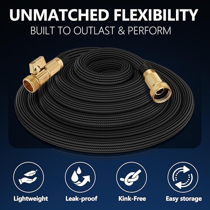 Flexible Garden Hose 100 FT, Ultra Lightweight Water Hoses 100FT w/10 Function Sprayer and 3/4" Brass Fittings, Kink-Free, Sturdy, Abrasion Resistant for Yard, Lawn, Outdoor and Gardening(Black)