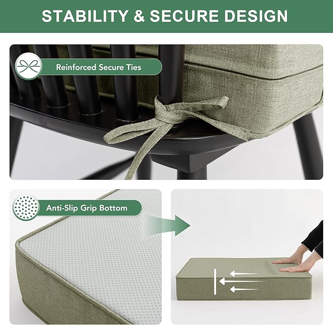 Summsun Water Resistant Outdoor Chair Cushions, Faux Linen Backrest and Seat Cushion Set with Ties, Removable Cover, Non-Slip Bottom for Patio Furniture, 19 x 19 Inch, Mocca Green, Set of 4