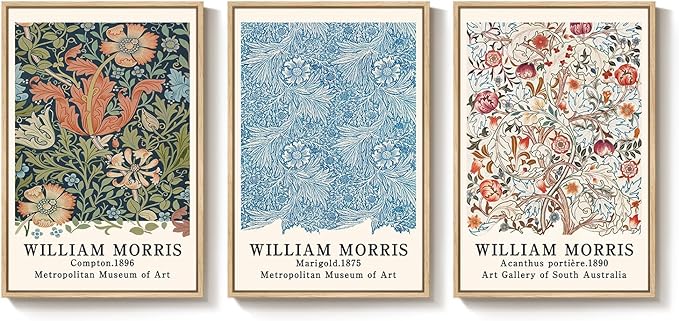 Framed William Morris Wall Art Set of 3, Large Vintage Floral Botanical Canvas