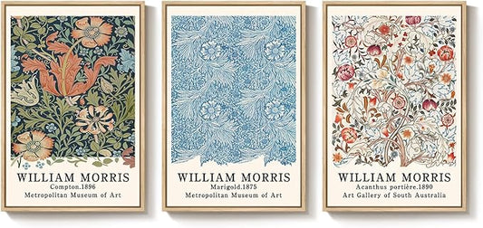 Framed William Morris Wall Art Set of 3, Large Vintage Floral Botanical Canvas