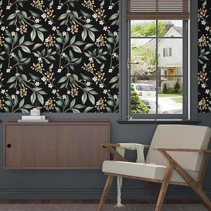 Extra Long Dark Peel and Stick Wallpaper 17.5" x 393" – Vintage Floral Green