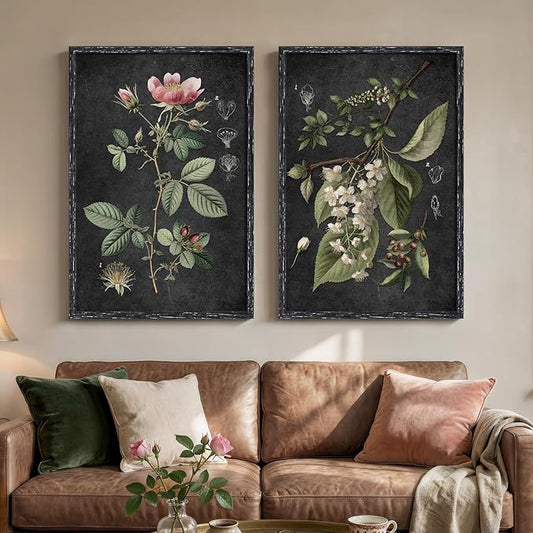 Large Framed Vintage Botanical Wall Art Set of 2, Rustic Retro Dark Floral