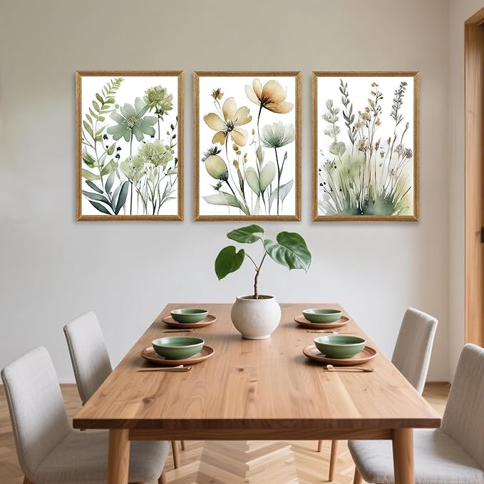 SYWENNOI Wood Framed Green Botanical Canvas Wall Art, Boho Floral Watercolor