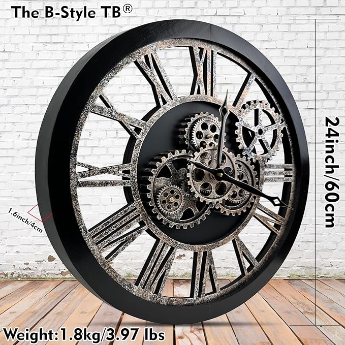 The B-Style Large 24 inch Moving Gear Wall Clock Oversized Vintage Farmhouse