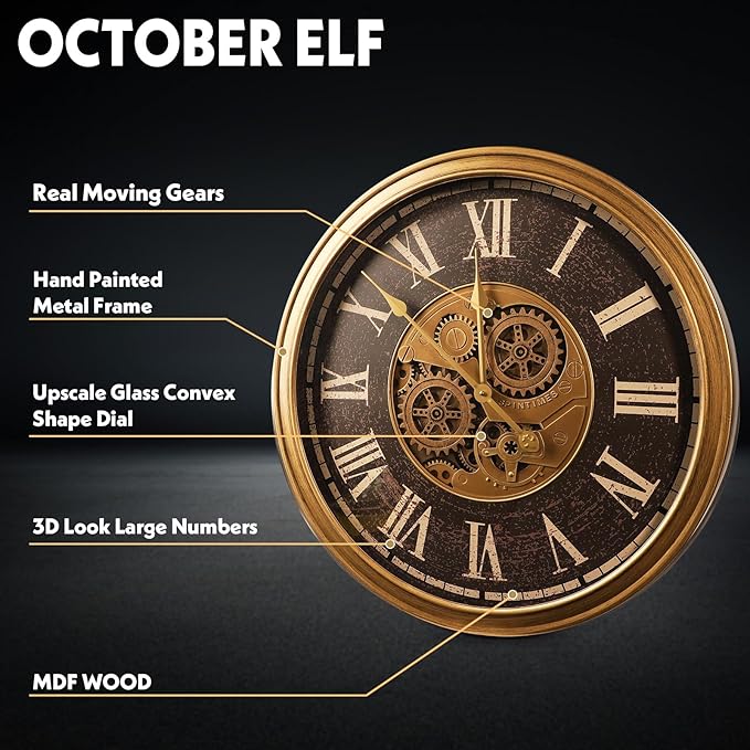 October Elf Large Real Moving Gears Wall Clock 24 Inch Vintage Industrial