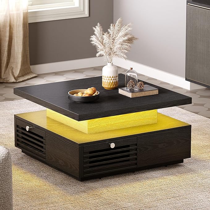 IRONCK Coffee Table with LED Light and Charging Station, 4 Storage Drawers with Grille Design, Square Coffee Table for Living Room Office Reception Room (Black)