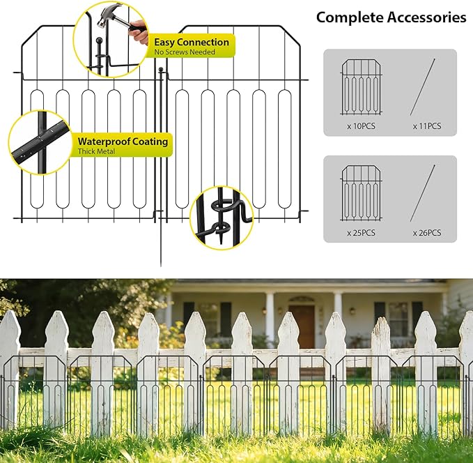 VANCASTLE Decorative Garden Fence, Toatal 25FT(L) x 21IN(H) Outdoor Metal No Dig Fence Animal Barrier, Rustproof No-Tool Assembly Landscape Edging for Yard, Lawn, Patio, Flower Bed-25 Panels Design I