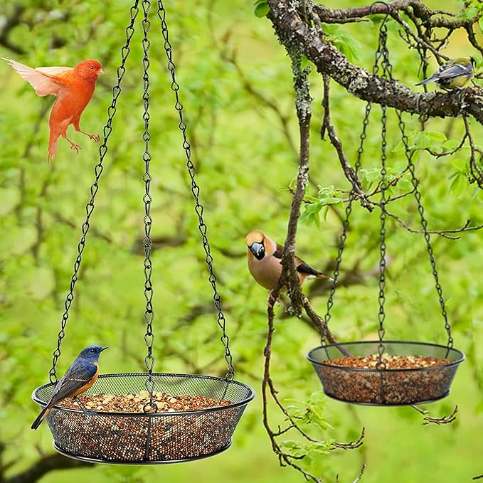 2 Pack Hanging Bird Feeder, Bird Feeder for Garden Yard Outside Hanging Feeder Tray - Metal Mesh Platform Feeders for Outside Outdoors for Attracting Birds